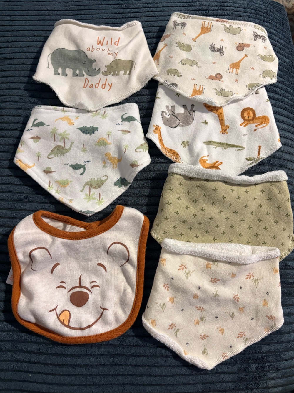 Baby Bandana Bibs Set - White, Cream, Green & Brown Safari Prints (7 Pack)